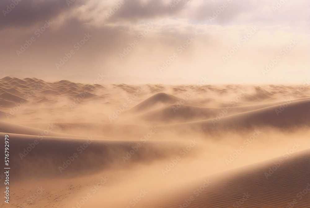 Desert sand landscape. Atmospheric scenic imaginary view. Clouds and sandstorm. Generative AI