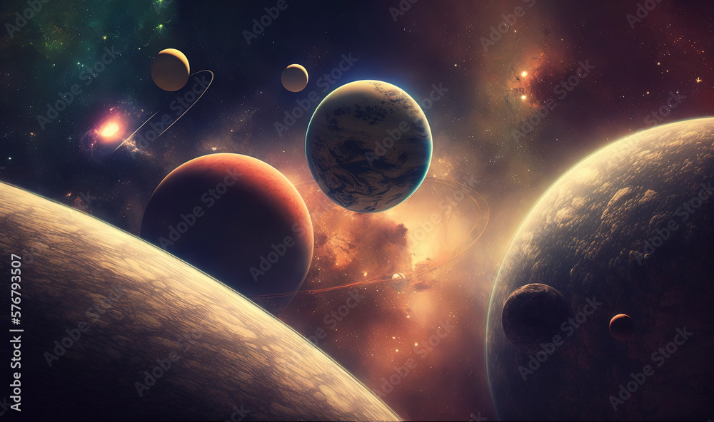  an artists rendering of a solar system with planets in the foreground and a distant star in the ba