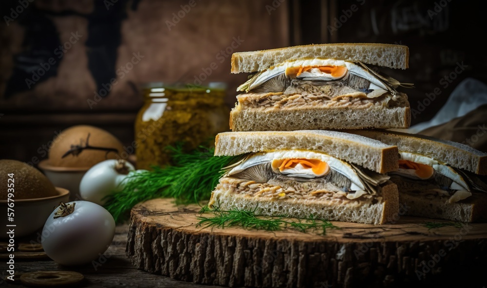  a stack of sandwiches sitting on top of a wooden cutting board next to eggs and a bowl of pickled o