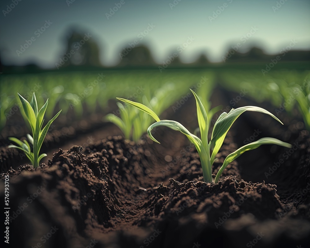  a group of young plants growing in a field of dirt and dirt with a blue sky in the background and a