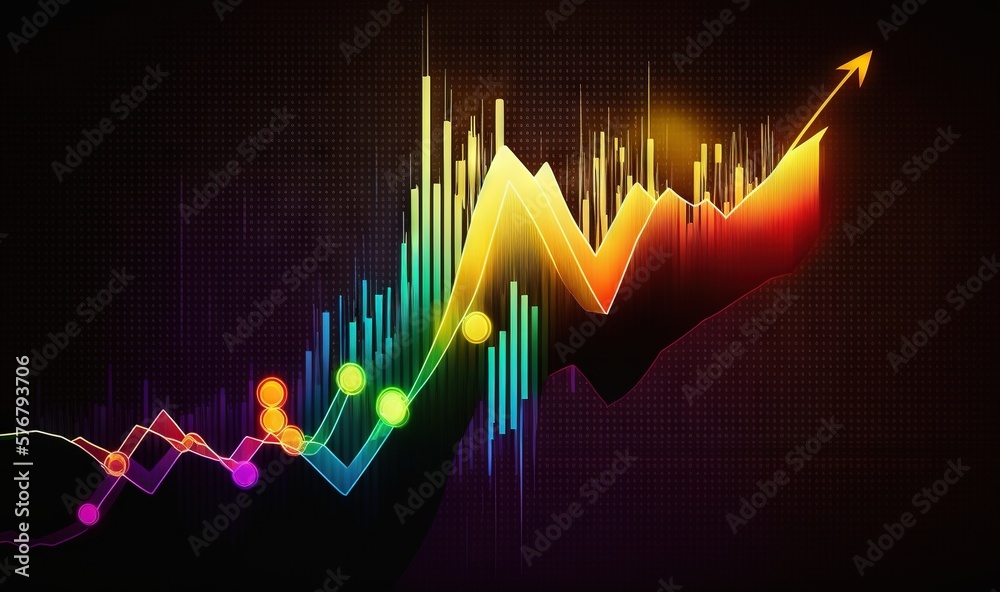  a colorful graphic of a rising arrow and a rising bar graph with a black background and a red and y