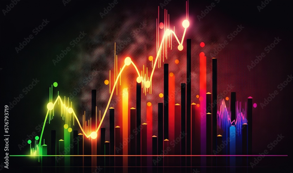  a graphic of a bar graph with a rainbow light coming out of the top of the graph and a black backgr