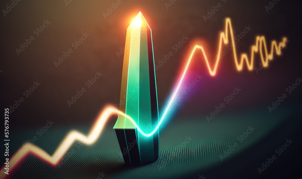  a pencil with an upward arrow on a dark background with a colorful line going up the side of the pe