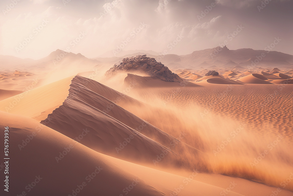 Desert sand landscape. Atmospheric scenic imaginary view. Clouds and sandstorm. Generative AI