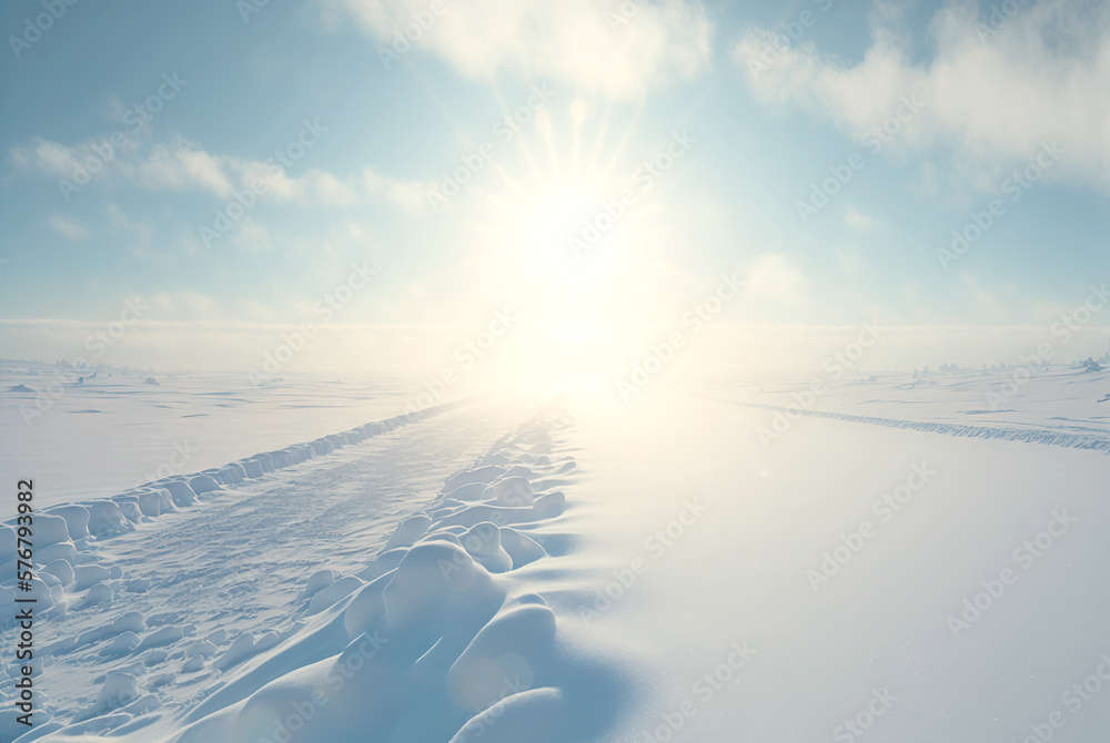 Snow dunes panorama during blizzard. White and empty frozen scenic imaginary landscape. Generative A