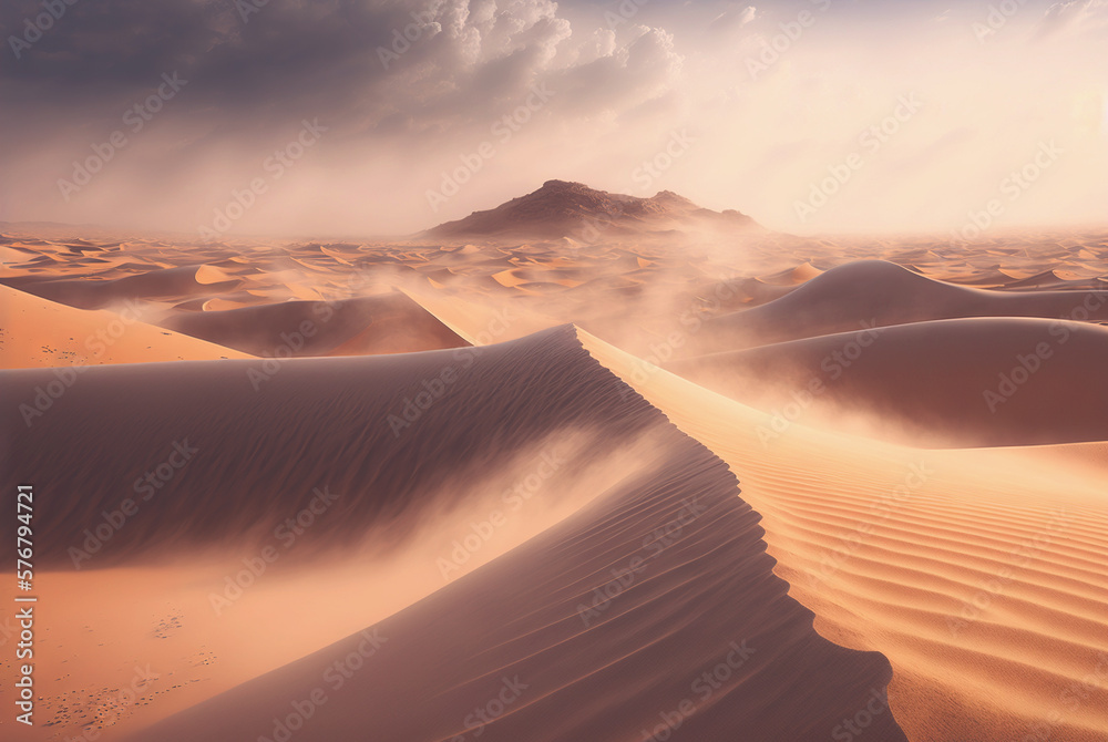 Desert sand landscape. Atmospheric scenic imaginary view. Clouds and sandstorm. Generative AI