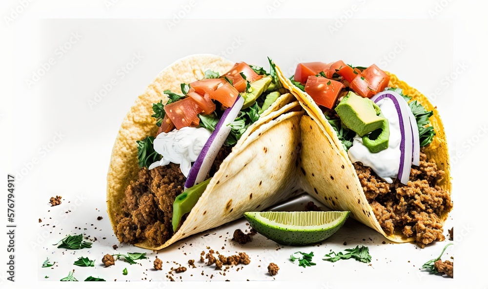  three tacos with meat, vegetables, and sour cream on a white background with a lime wedge in the mi