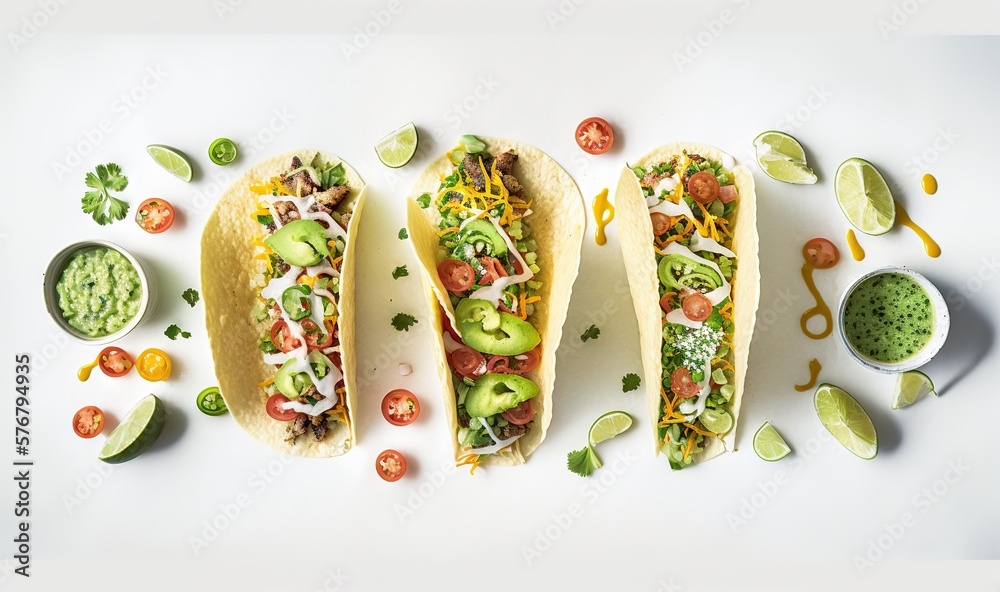  three tacos with toppings on a white surface next to a bowl of guacamole and a spoon of guacamole. 