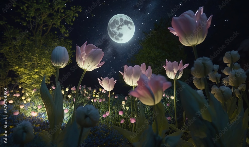  a night scene with flowers and a full moon in the sky with stars in the sky and a full moon in the 