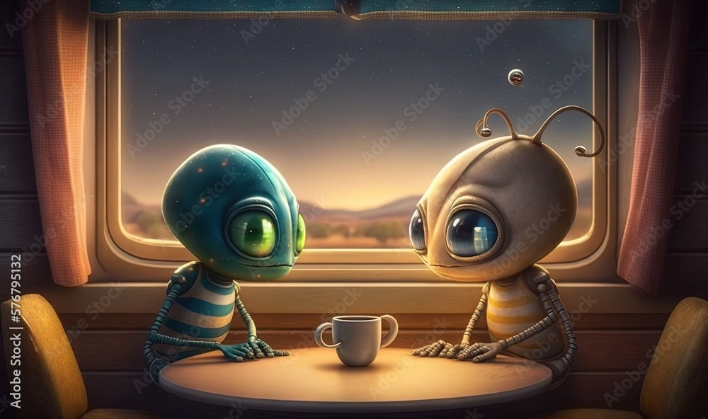  a couple of aliens sitting at a table next to a window with a cup of coffee in front of them on a s