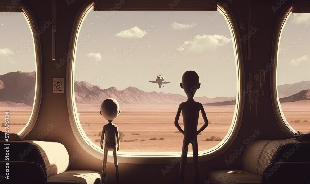  a couple of alien standing next to each other in front of a window with a plane in the distance and