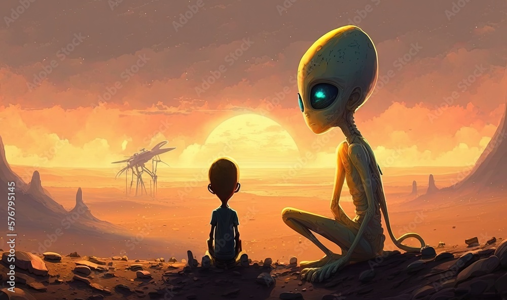  an alien sitting next to a boy on a desert area with a giant alien in the background and a distant 