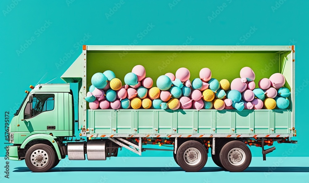  a green truck with balloons in the back of its bed on a blue background with a blue sky in the bac