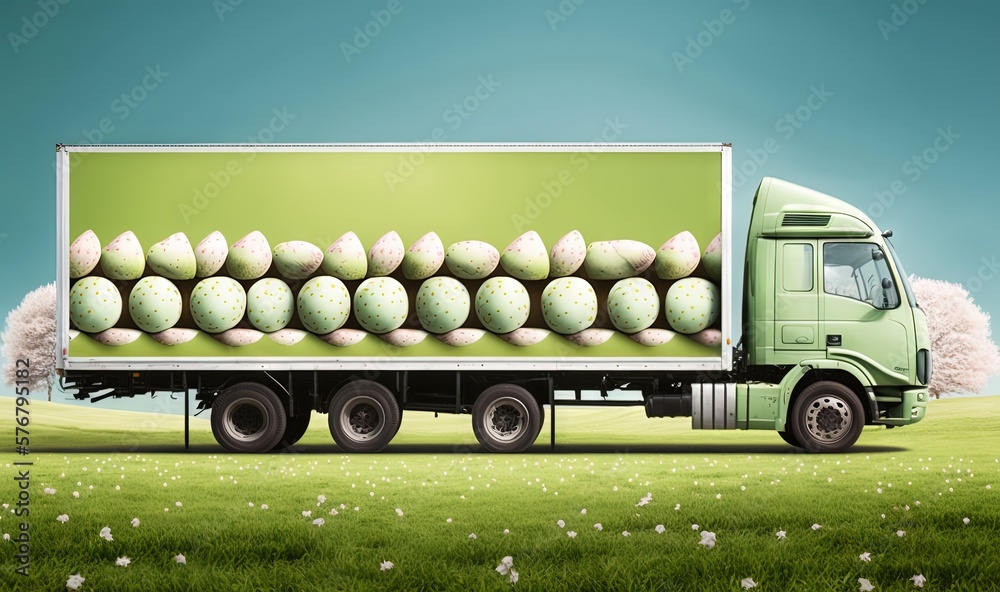  a green truck with eggs on the back of its cab in a grassy area with flowers in the back of the tr