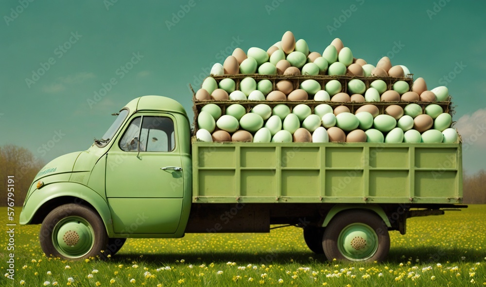  a green truck filled with eggs in a field of grass and dainty dainty dainty dainty dainty dainty da