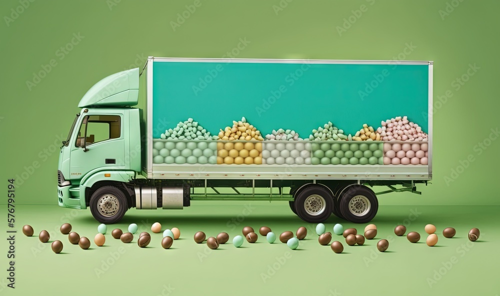  a green truck with a trailer full of eggs on the back of its bed and a lot of eggs in front of it.