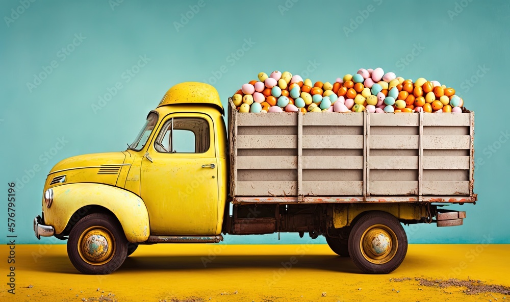  an old yellow truck with a load of eggs on the back of its cab, against a blue background, is park