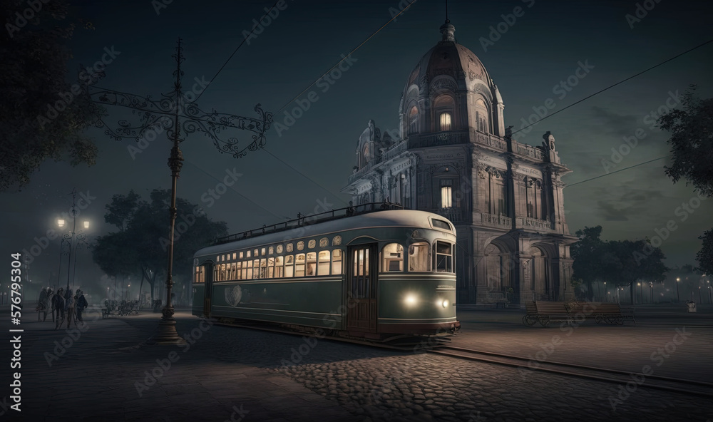  a trolley car on a city street at night with a building in the background and people walking on the