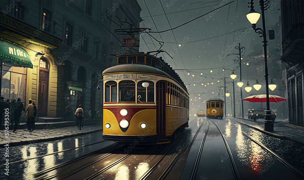  a yellow trolley car traveling down a rain soaked street next to a building with a red umbrella on 