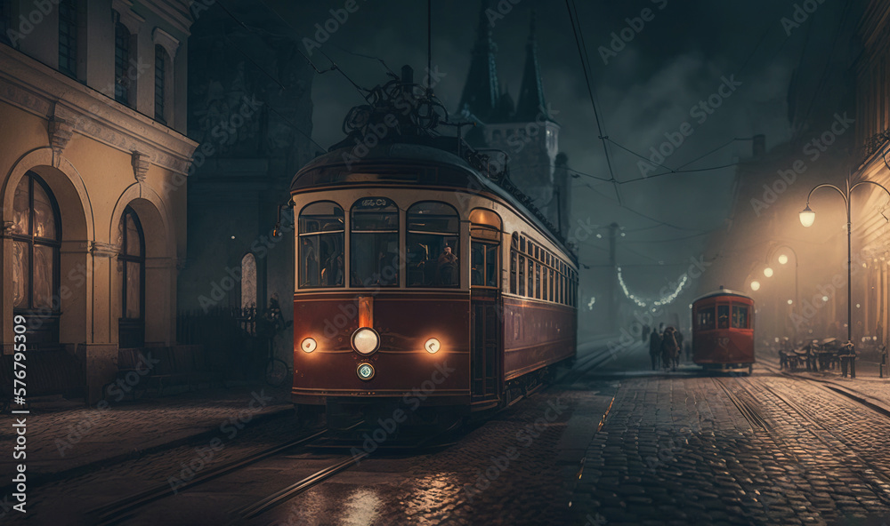  a trolley car on a city street at night with a person walking on the side of the street in the back