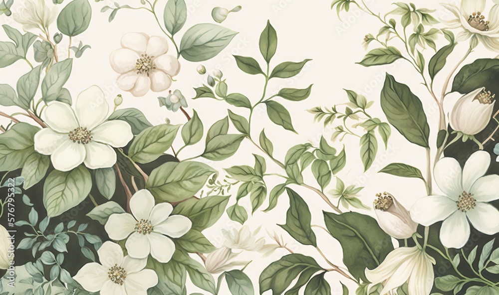  a painting of white flowers and green leaves on a white background with a black border around the e