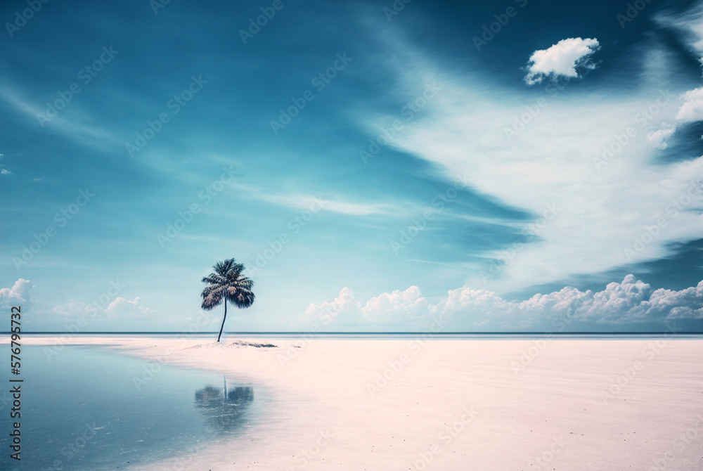 One palm on a empty white beach. Idyllic tropical seascape. Paradise beach. Generative AI