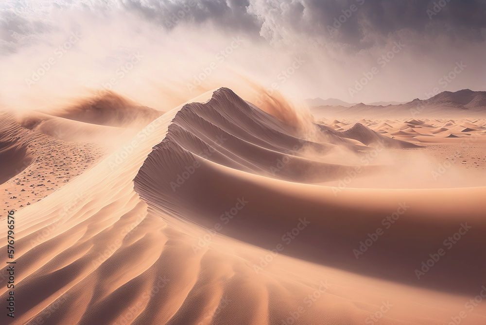 Desert sand landscape. Atmospheric scenic imaginary view. Clouds and sandstorm. Generative AI