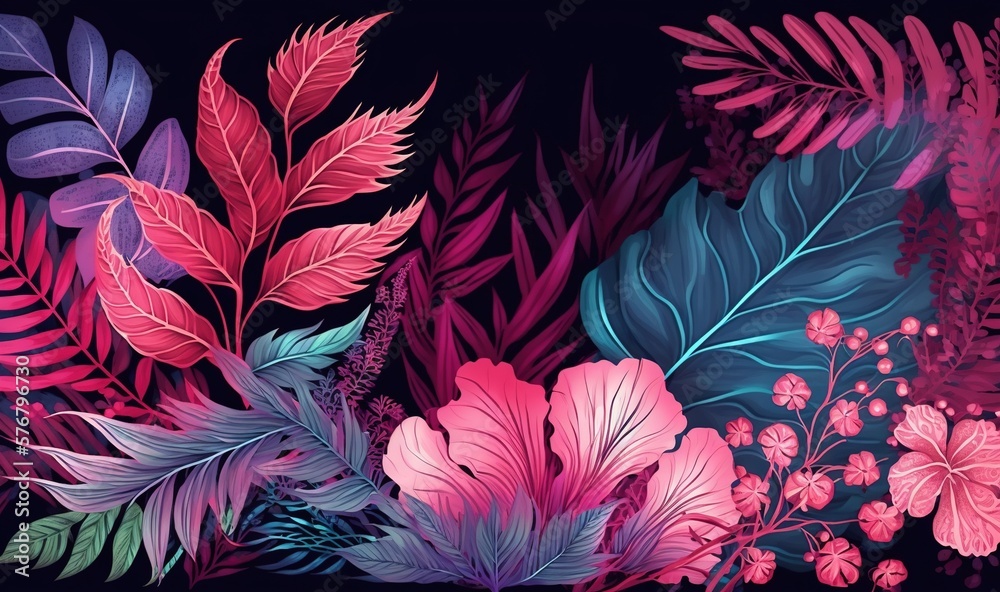  a colorful floral arrangement with leaves and flowers on a black background illustration of flowers