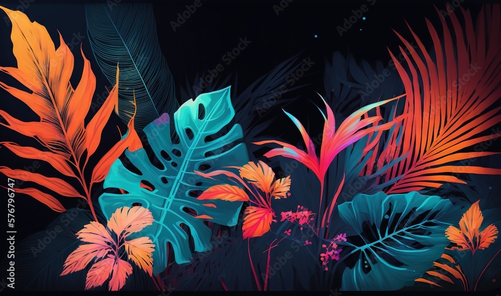  a painting of tropical plants and leaves on a black background with a blue sky in the background an