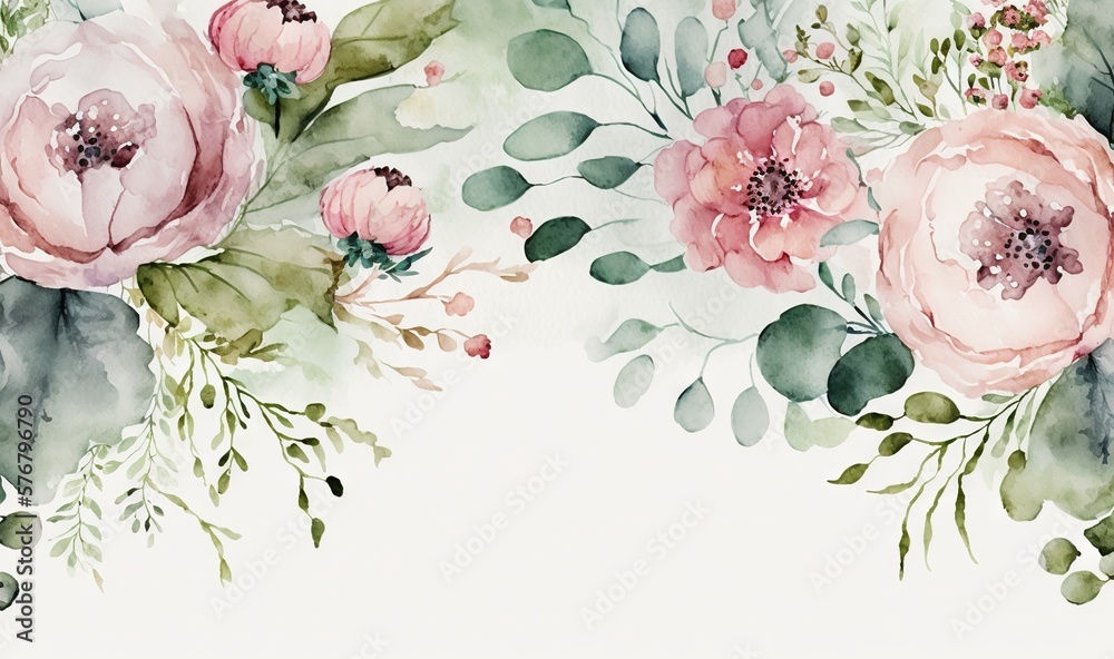  a watercolor painting of pink flowers and green leaves on a white background with a place for a tex