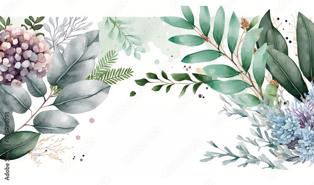  a watercolor painting of flowers, leaves and berries on a white background with a place for a text 