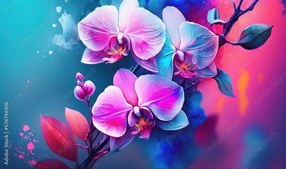  a painting of purple flowers on a blue and pink background with a splash of paint on the bottom hal