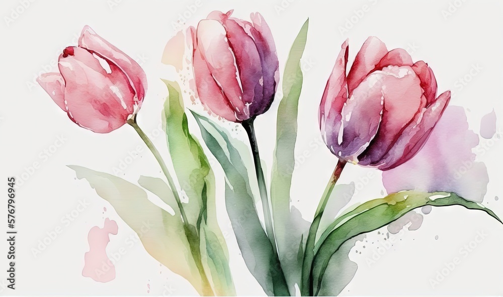  a watercolor painting of pink tulips on a white background with green leaves and watercolor splashe