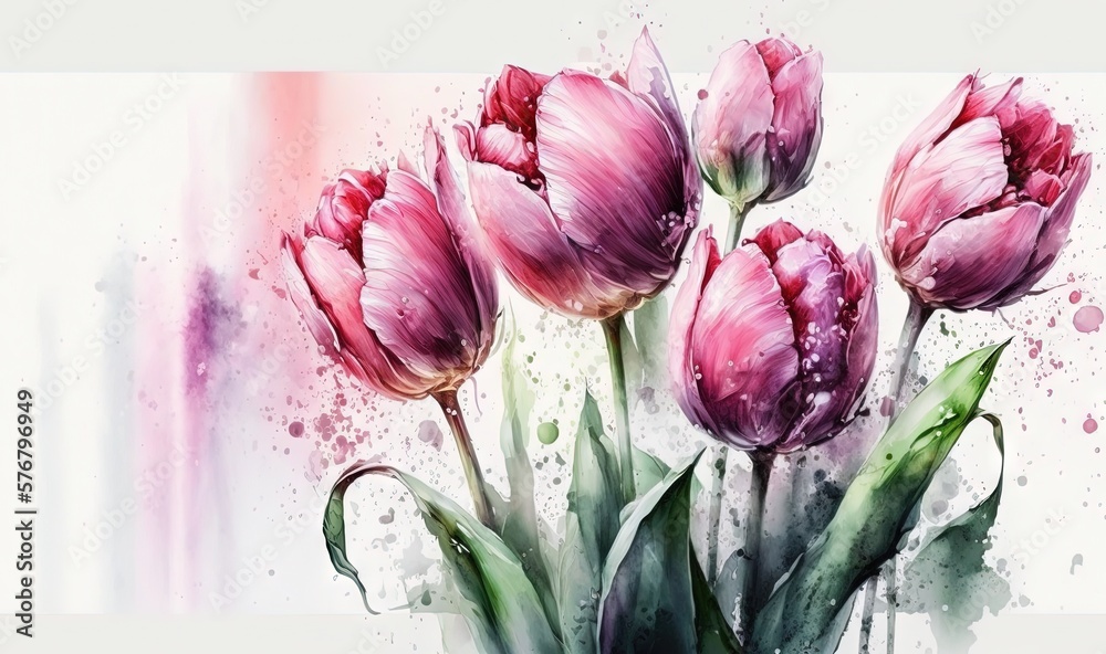  a painting of pink tulips in a vase on a white background with watercolor splashes on the bottom of