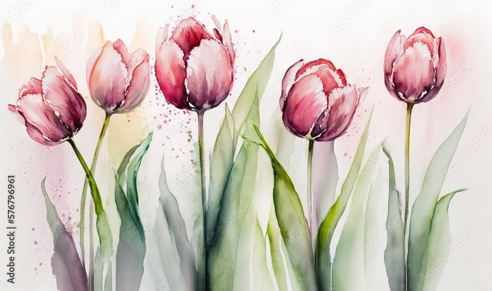  a watercolor painting of pink tulips with green leaves on a white background with a splash of pink 