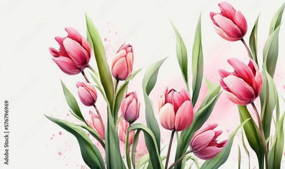  a painting of pink tulips on a white background with a pink background and a white background with 