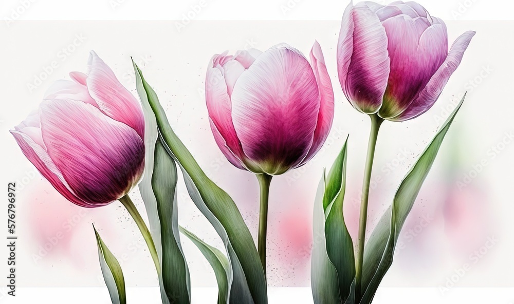  three pink tulips with green leaves on a white background with a pink and white background and a pi