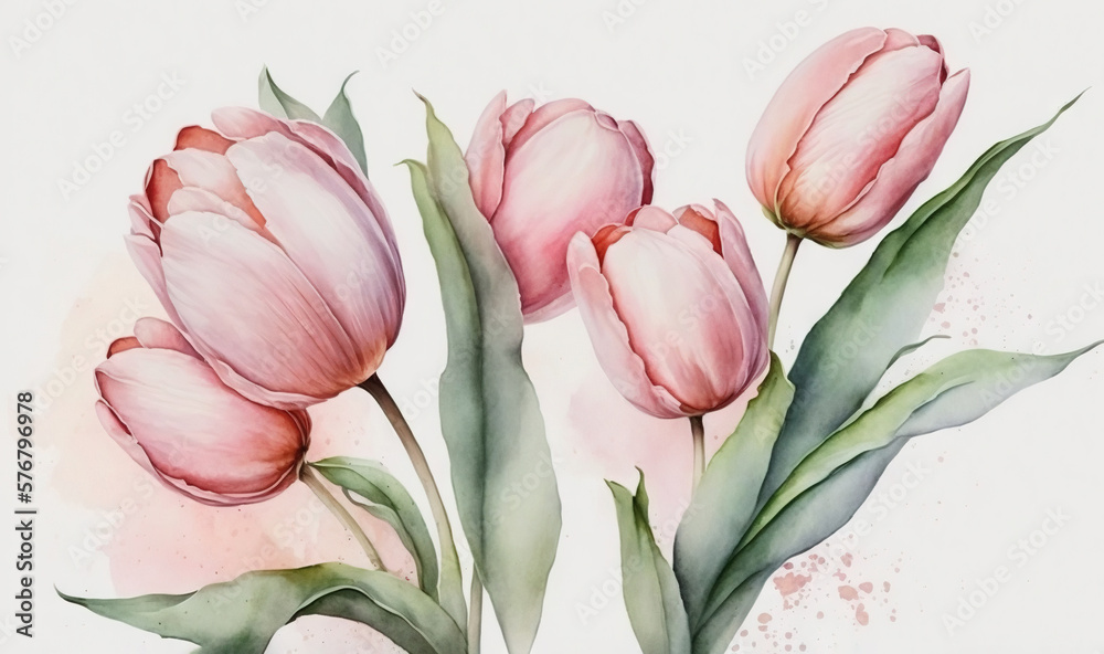  a painting of three pink tulips with green leaves on a white background with watercolor splashes on