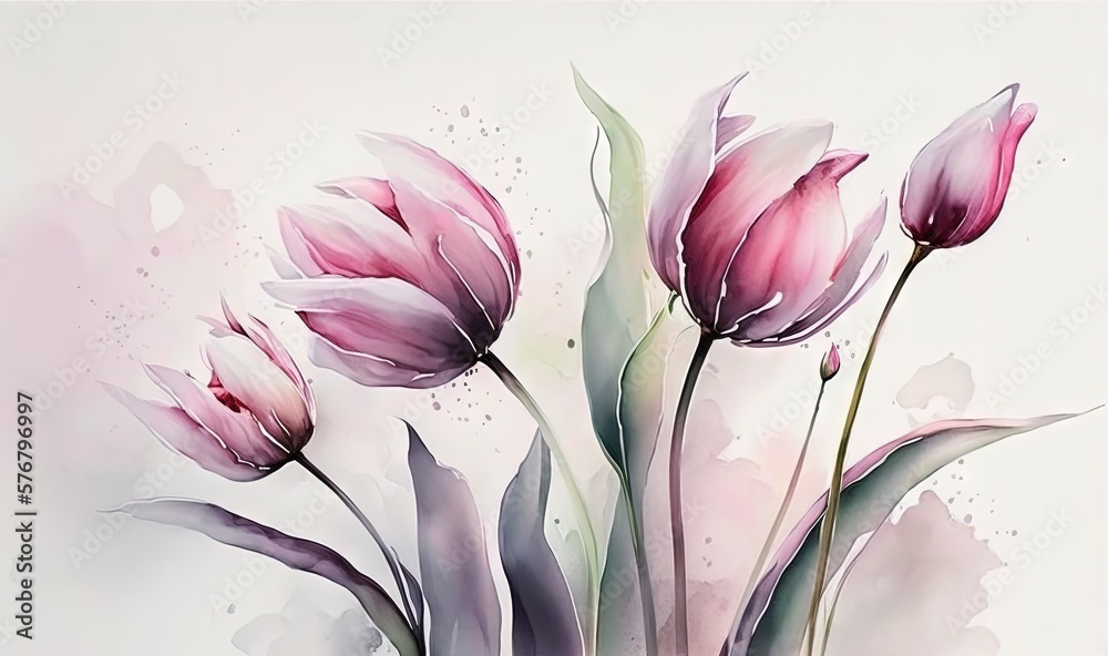  a painting of pink tulips on a white background with watercolor splashes on the bottom of the image