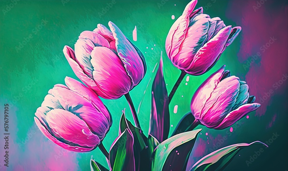  a painting of three pink flowers in a vase on a green and pink background with water droplets on th