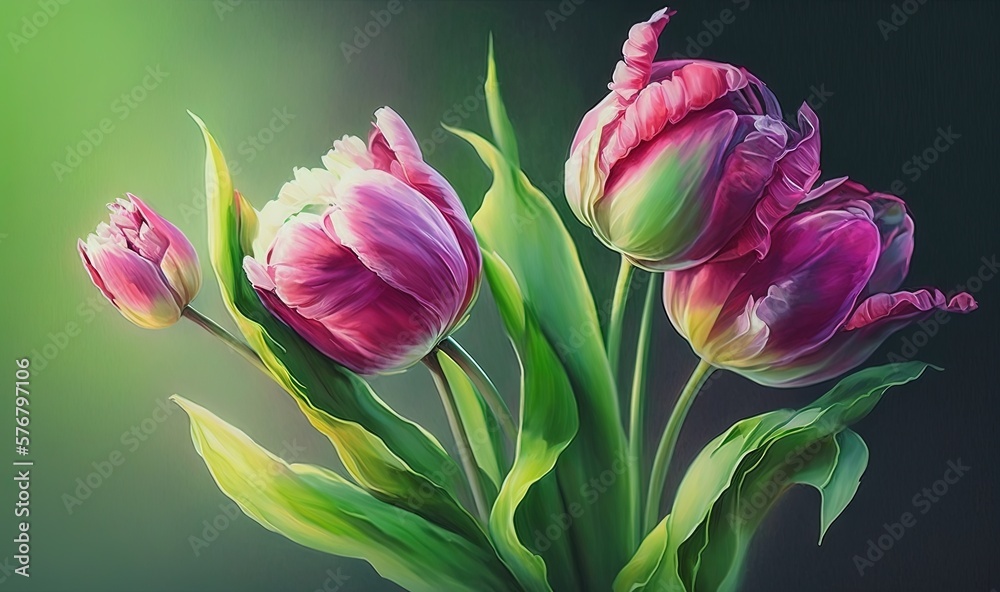  a painting of pink flowers in a vase on a green and black background with a green border around the