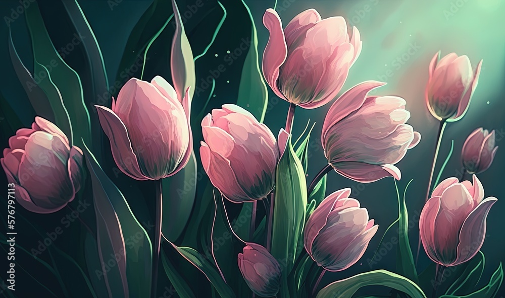  a bunch of pink flowers that are in the dark night time light, with a green background and a blue s