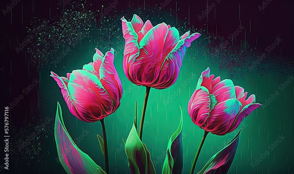  a painting of three pink tulips in a green vase with water droplets on a dark background with a spl