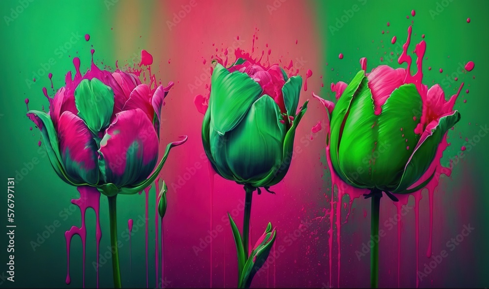  three pink and green tulips with a splash of paint on the top and bottom of the flowers on the bott