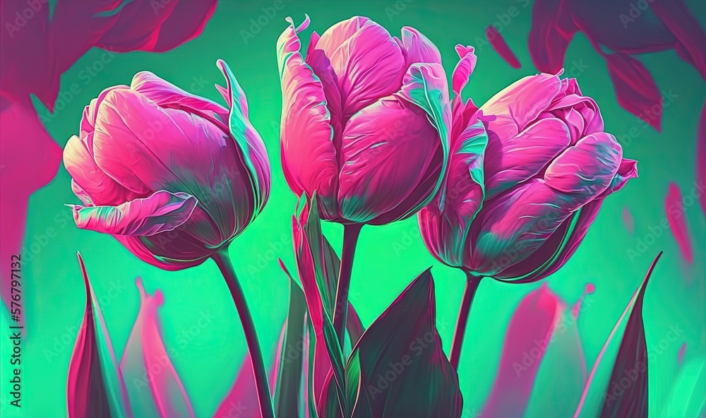  a painting of three pink tulips in a green vase on a green and pink background with a blue sky in t