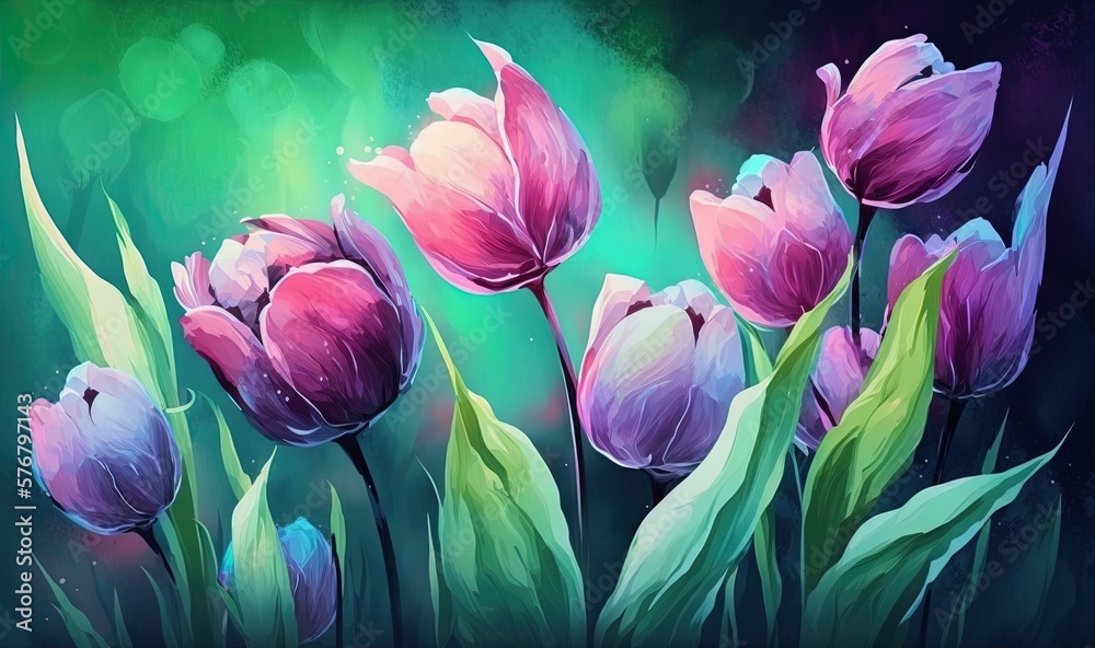  a painting of purple tulips with green leaves on a black background with a green glow in the middle