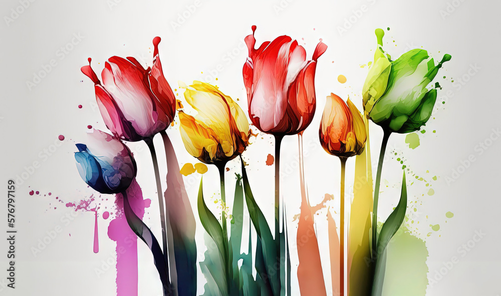  a group of colorful flowers with watercolor splashes on them and a white background with a black bo