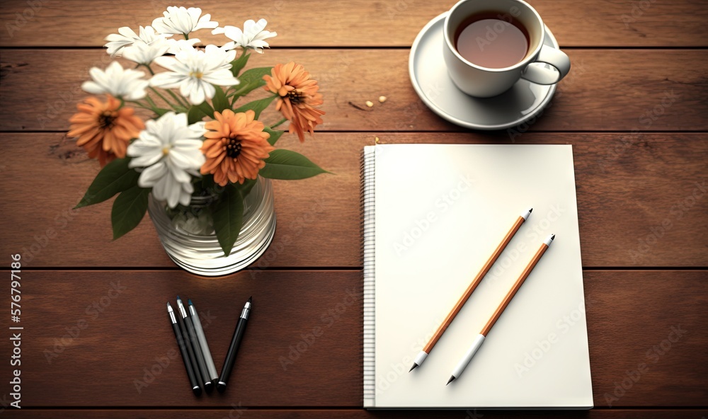  a cup of coffee and a notebook on a wooden table with a pen and a flower arrangement in a vase and 