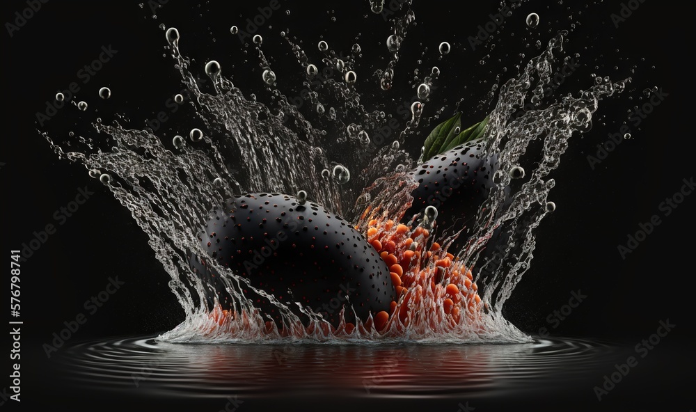  a fruit splashing into the water on a black background with a black background and a black backgrou