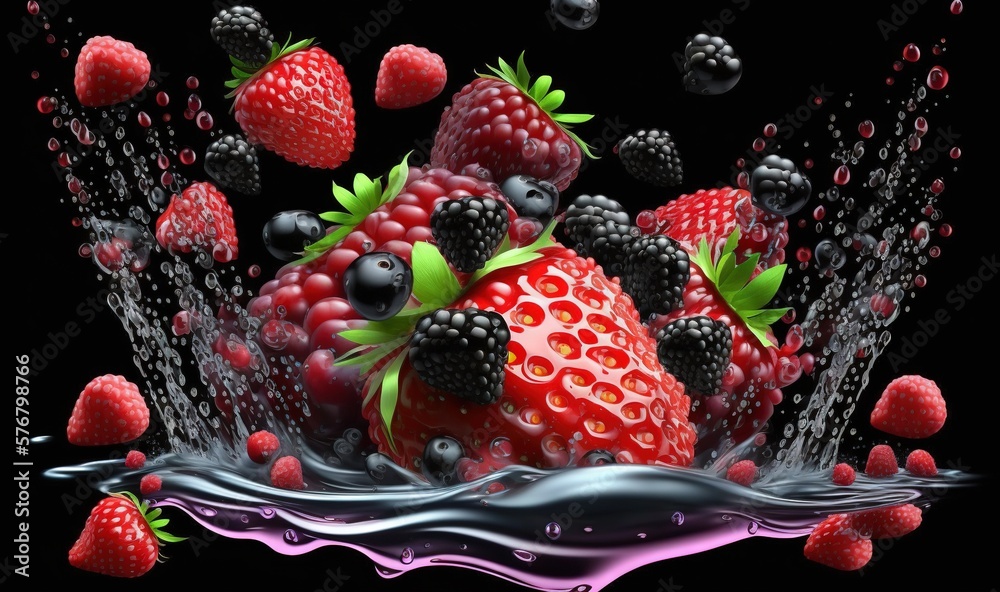  a bunch of berries are splashing into the water with a splash of water on them and the berries are 